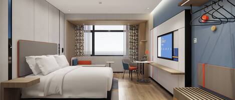 A modern hotel room with a large bed, a desk, a chair, a TV, and a window with curtains.