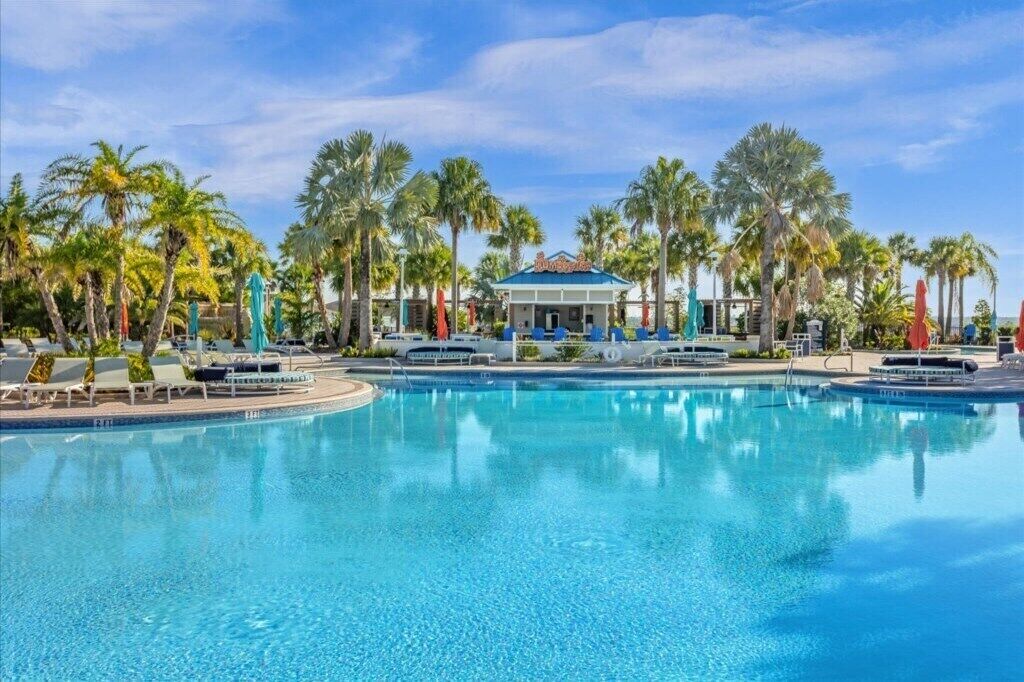 Una grande piscina con lettini e palme.