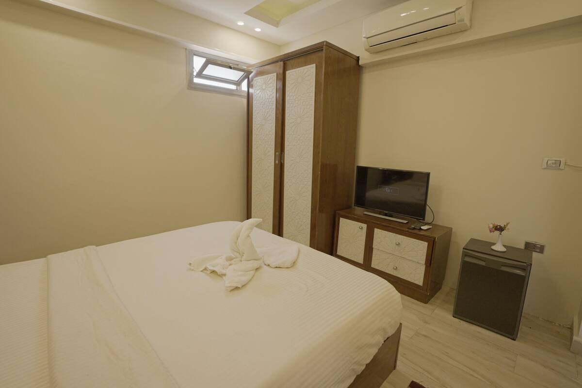 A hotel room with a bed, a TV, a mini-fridge, and a wardrobe.