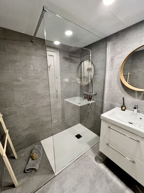 Shower, hair dryer, towels