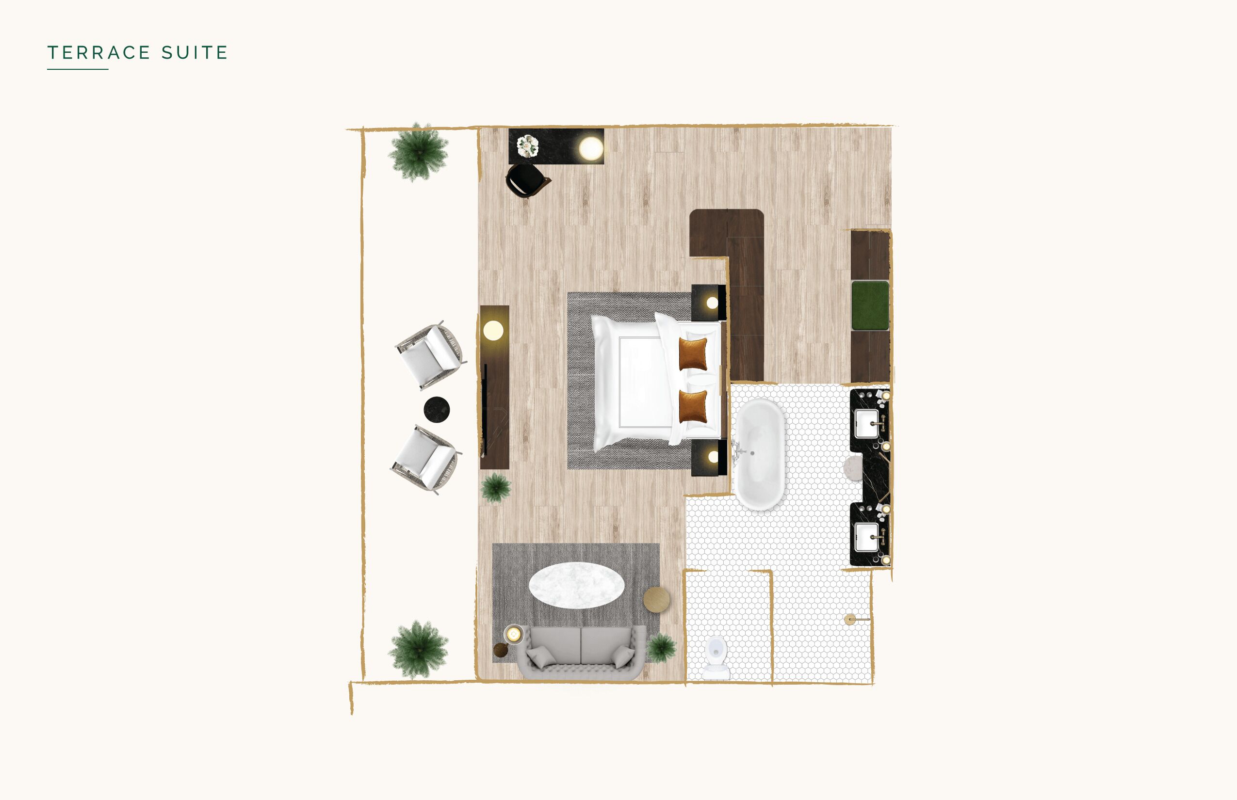 Una suite con terrazzo, zona soggiorno, tavolo da pranzo, divano, tavolino e angolo relax.