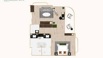 A one-bedroom suite with a living area, a separate bedroom, a bathroom, and a small balcony.