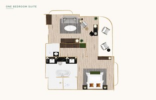 Una suite de un dormitorio con sala de estar, un dormitorio independiente, un baño y un balcón pequeño.