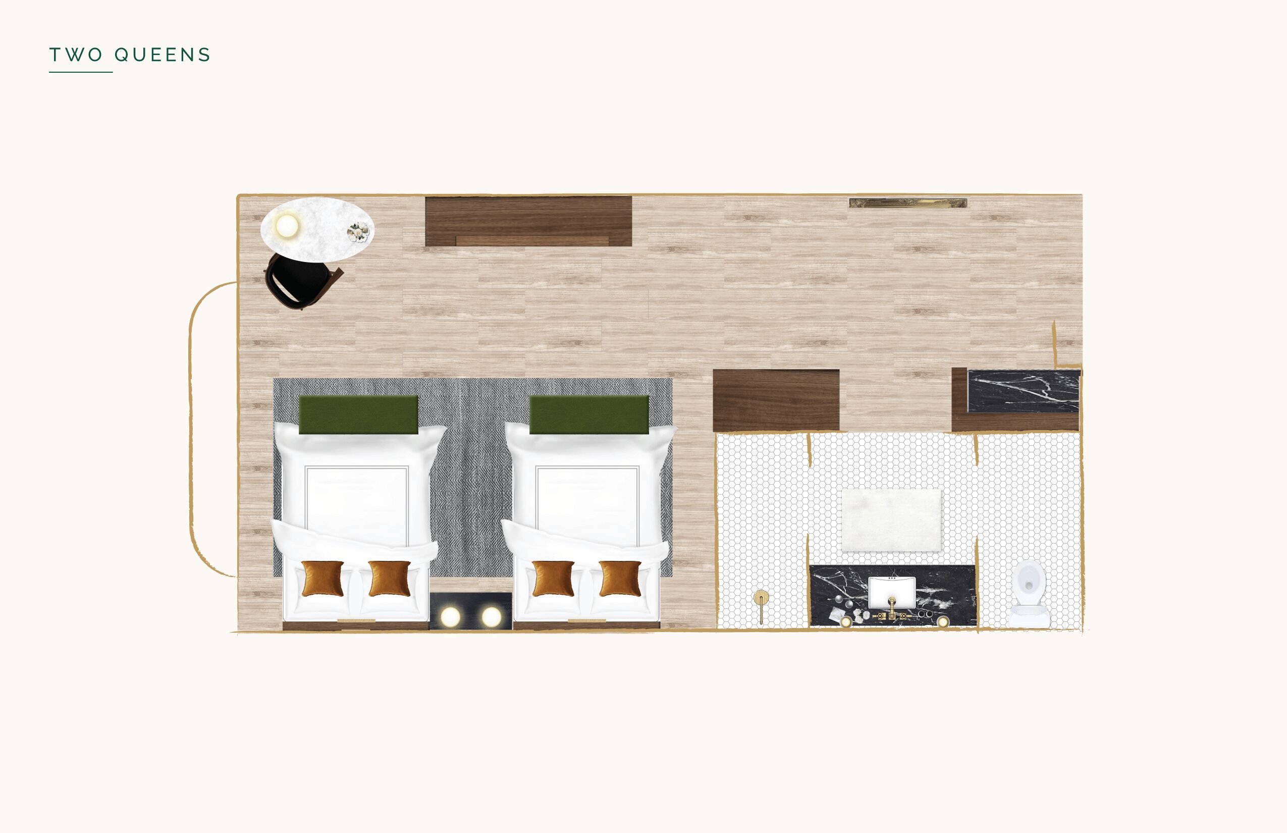 A floor plan of a hotel room with two queen beds, a small sitting area, a bathroom, and a kitchenette.