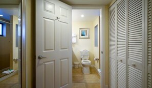 Hair dryer, bidet, towels, soap