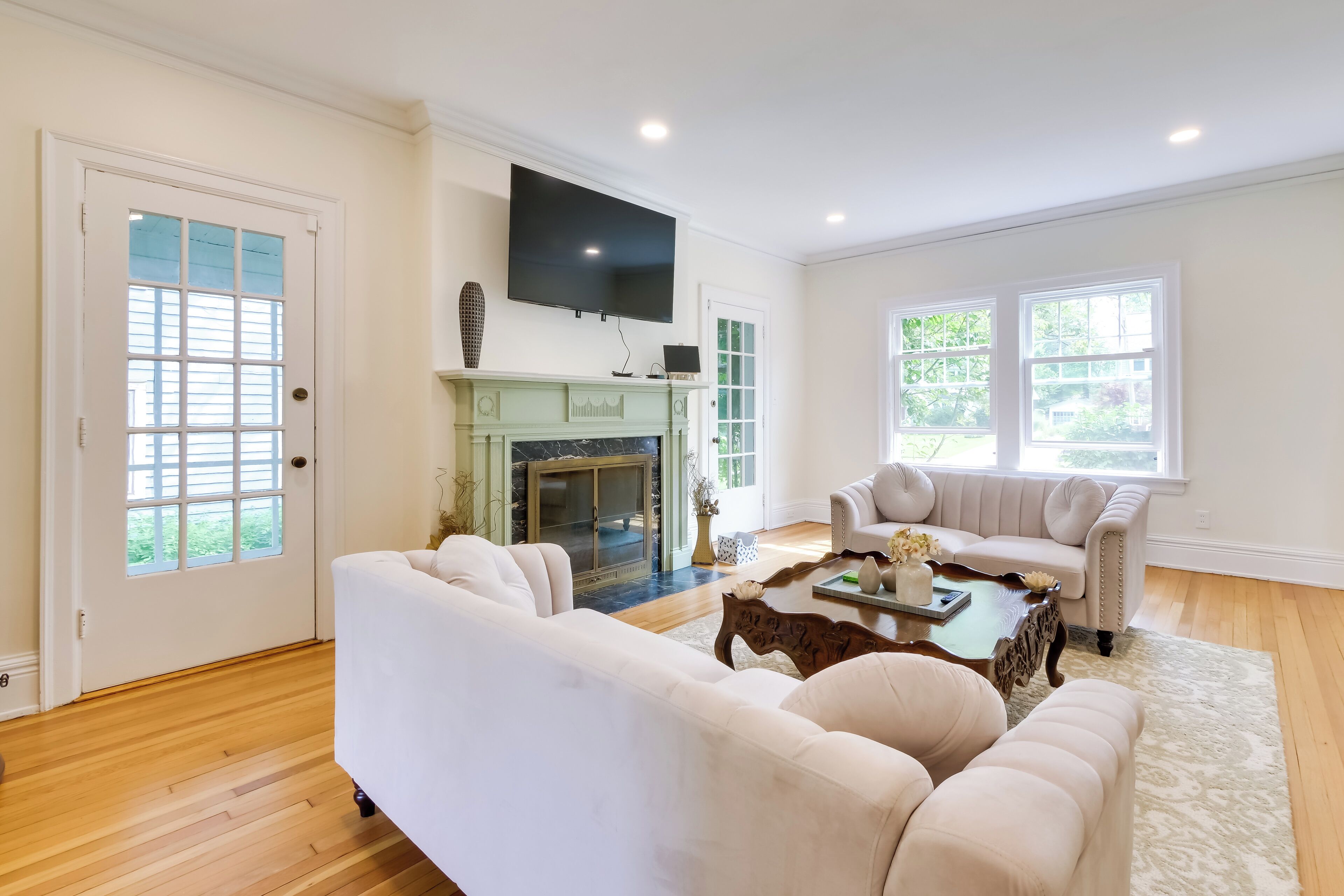 TV, fireplace, books