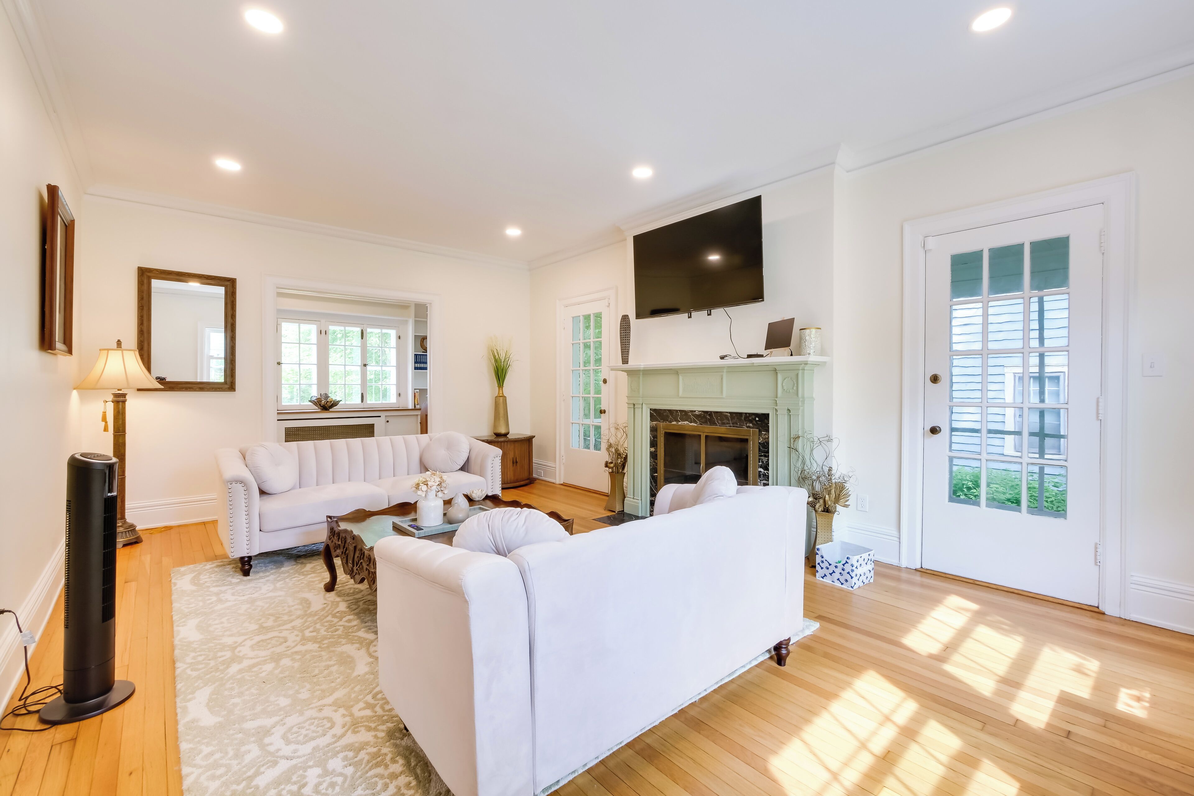 TV, fireplace, books