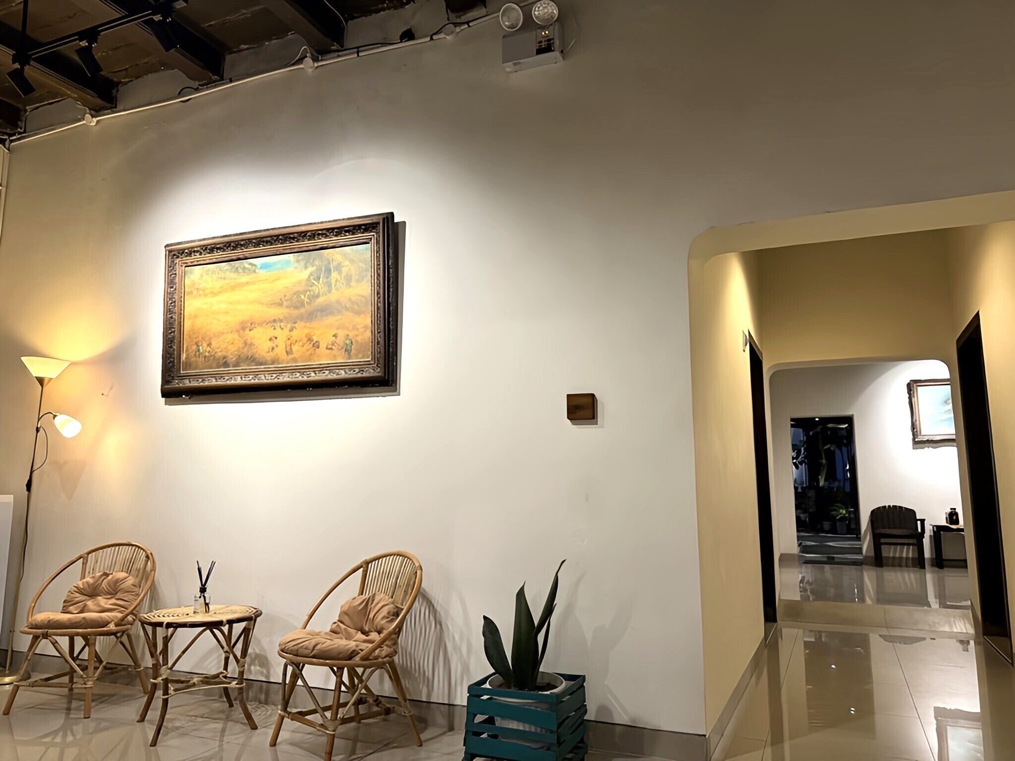 A hallway with two wicker chairs, a framed painting, a potted plant, and a lamp.