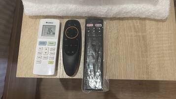 Hair dryer, towels, soap, shampoo