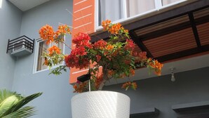 Edificio residencial con balcón, maceta colgante y un cartel que indica 'Fase 2, Bloque 14, Lote 04, Ade Eet, Residencia Pabis'.