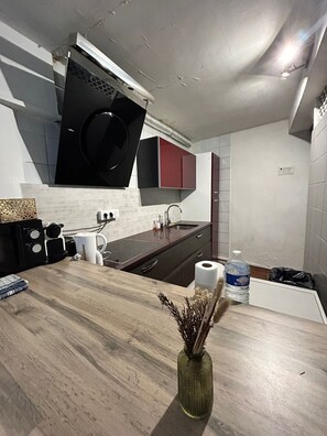 Fridge, oven, dishwasher, cookware/dishes/utensils
