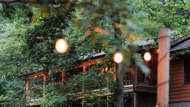 A wooden cabin with multiple levels, surrounded by dense forest.