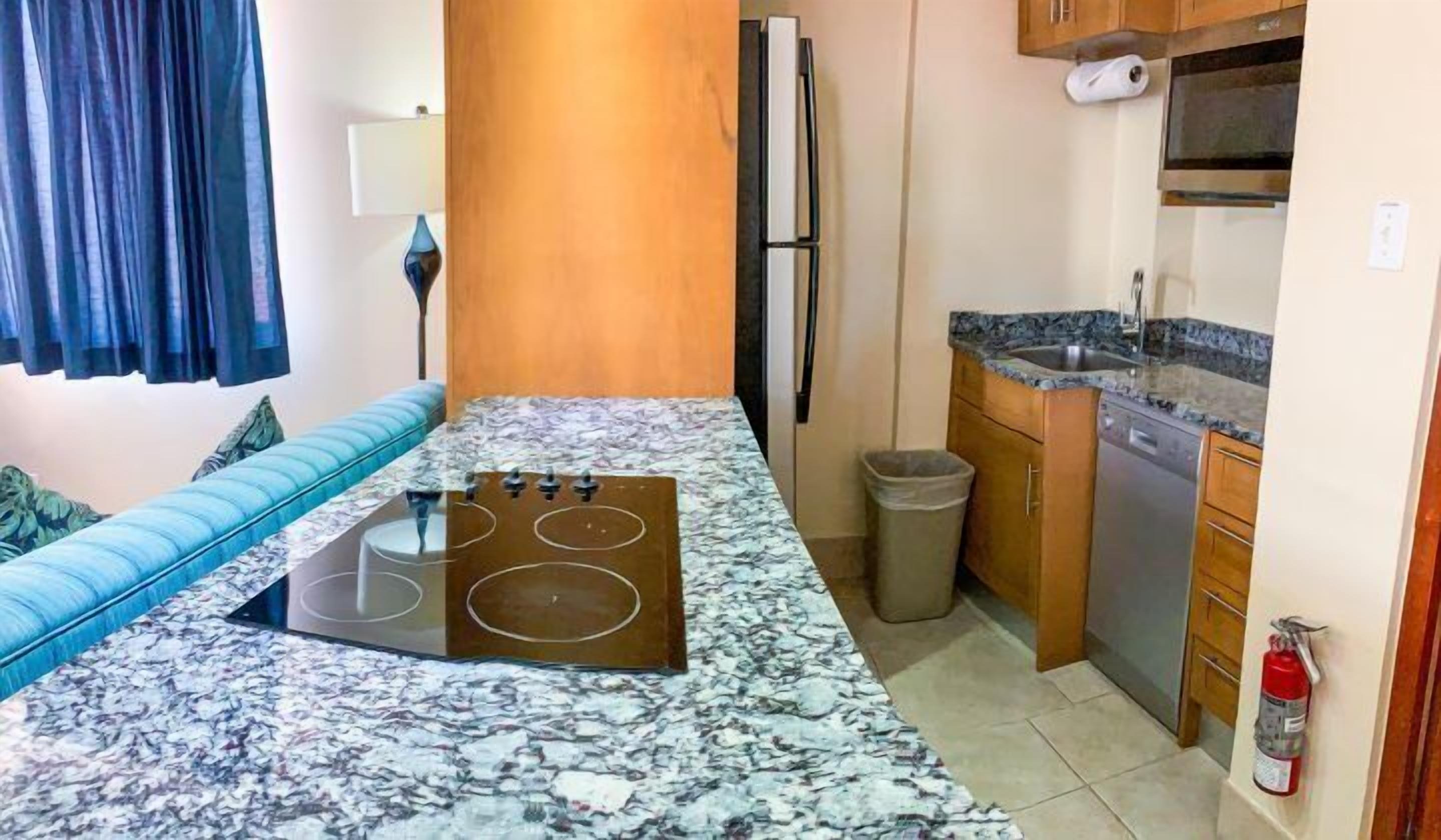 A compact kitchen with a stove, sink, and dishwasher, a blue sofa, and a wooden accent wall.