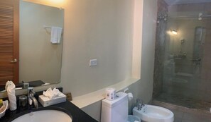 Secadora de cabello, bidet, toallas, jabón 