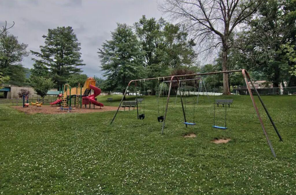 A playground with swings and slides, surrounded by trees and grass.