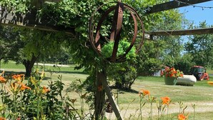 A garden with a rustic metal structure, a small red mailbox, and a metal trough.