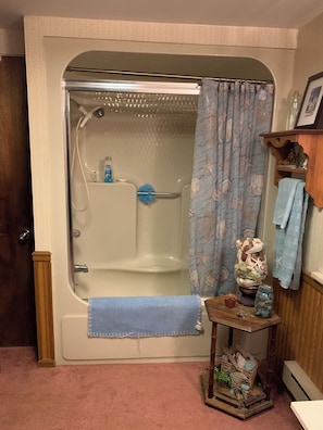 Hair dryer, towels, soap, shampoo