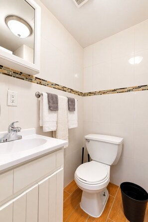 A bathroom with a white sink, a toilet, and a mirror above the sink.