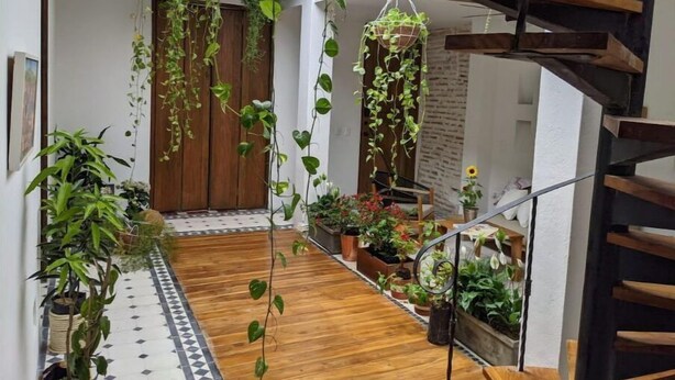 A multi-level interior with wooden flooring, a staircase, and various potted plants. - Walled City 2-bedroom 2-bath Condo with Patio (Cartagena de Indias)