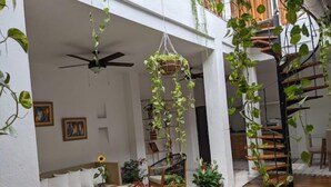 A modern interior with a wooden floor, a ceiling fan, and various potted plants. - Walled City 2-bedroom 2-bath Condo with Patio (Cartagena de Indias)