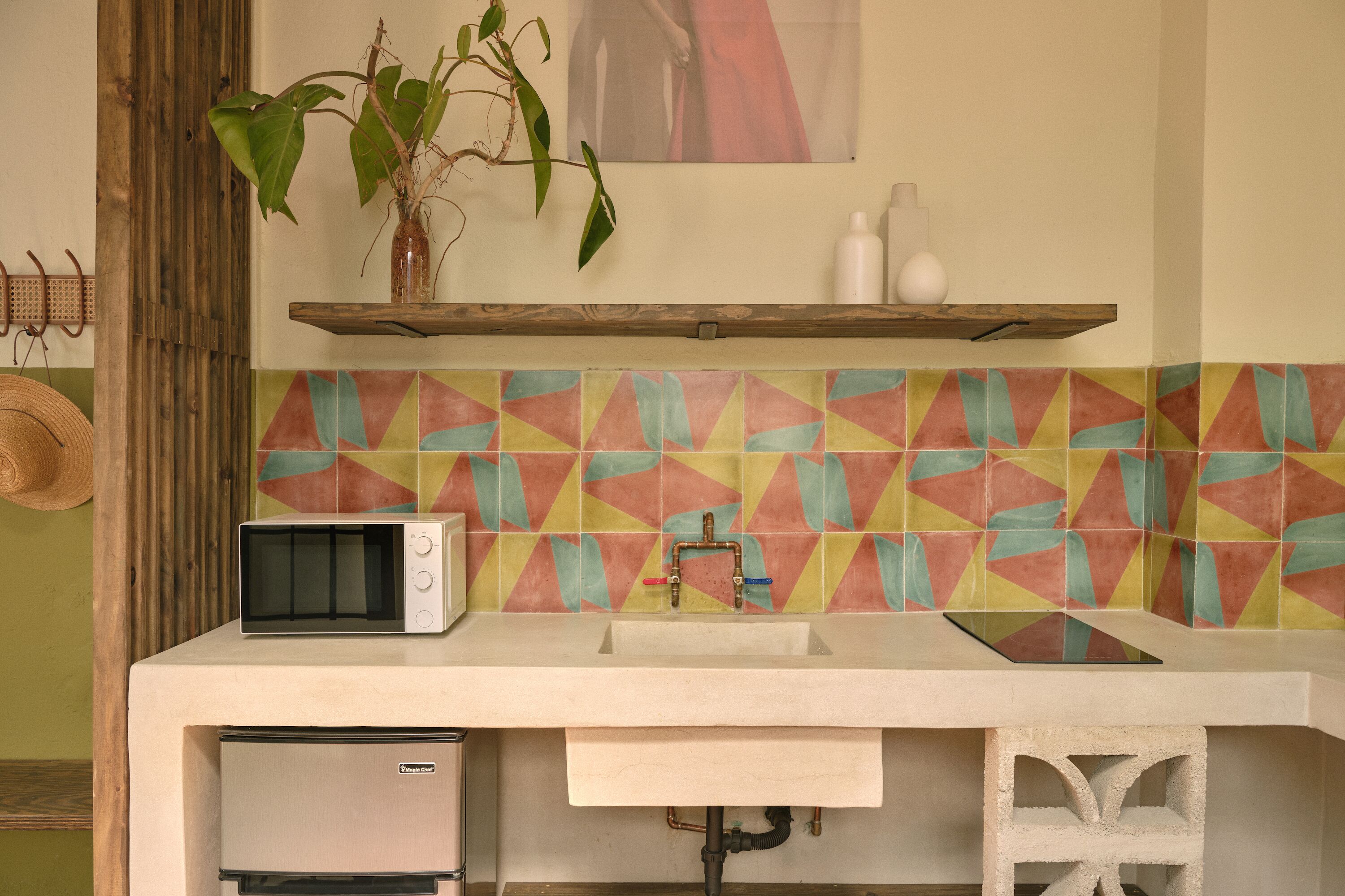 A kitchen with a microwave, sink, and a plant on the counter.
