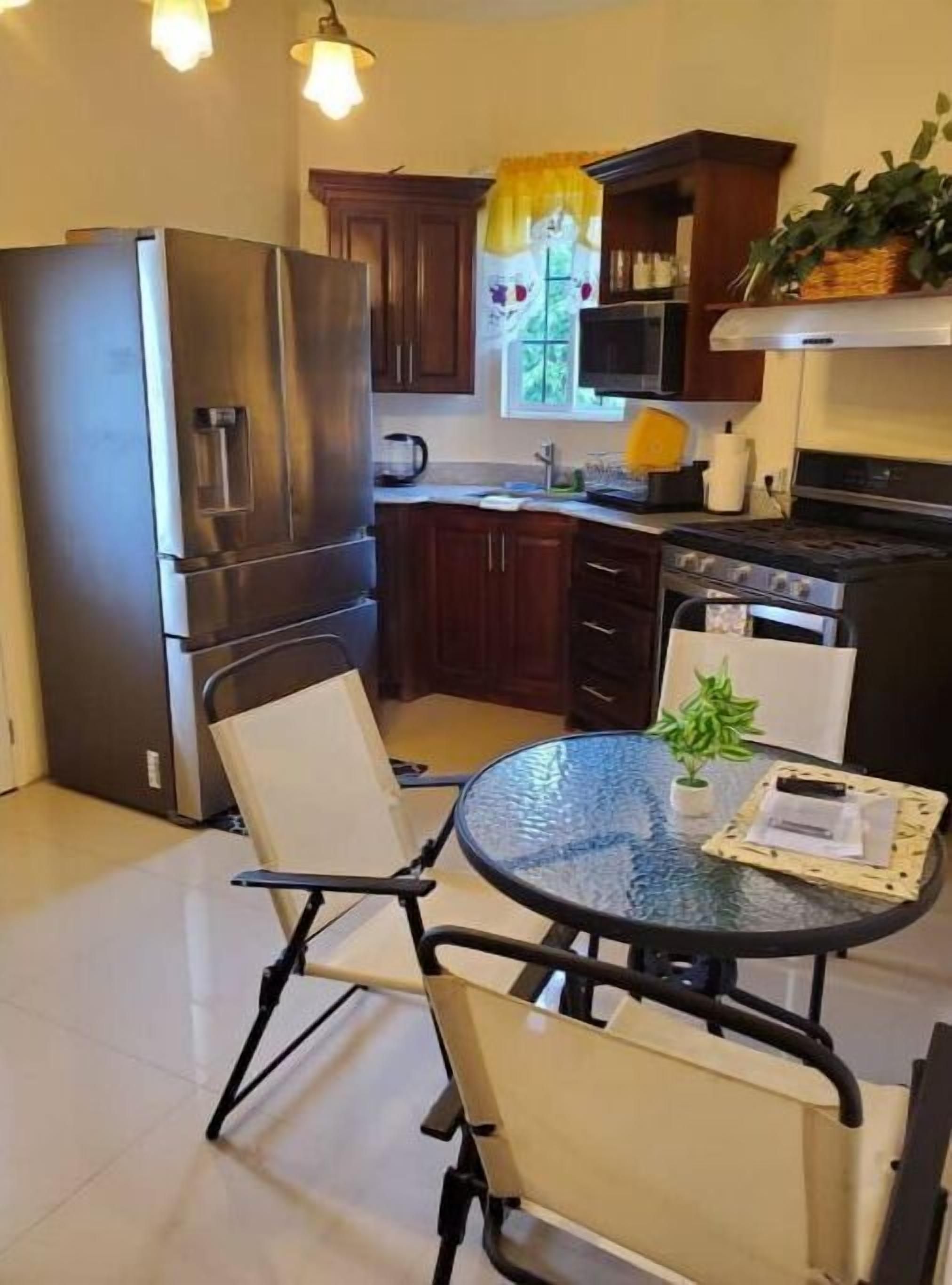 Fridge, microwave, stovetop, electric kettle