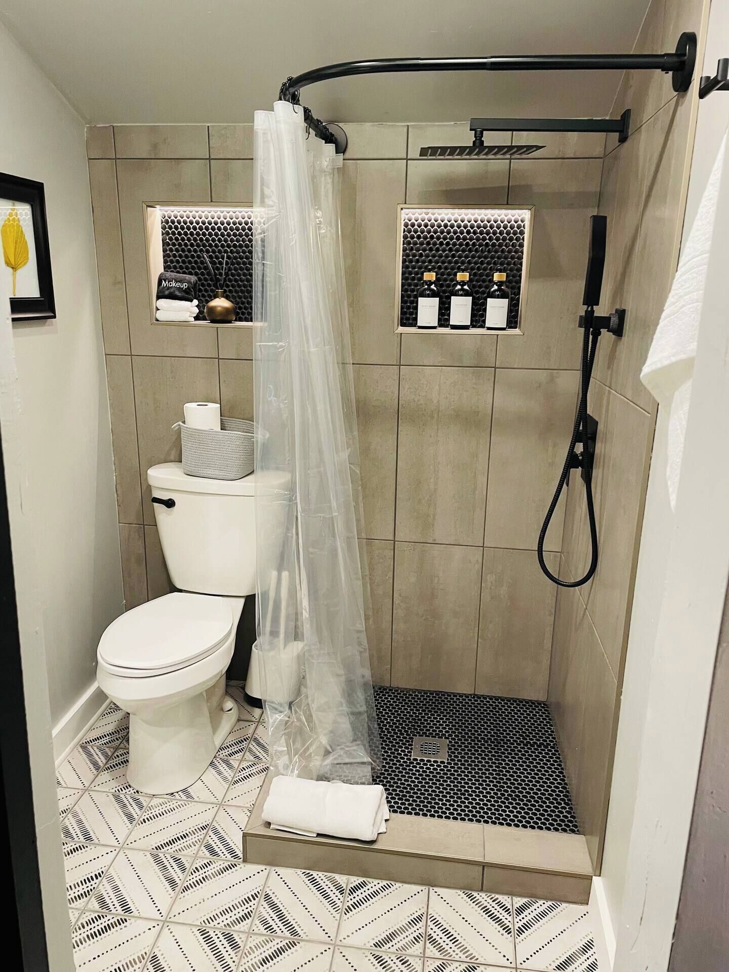 Hair dryer, towels, soap, shampoo
