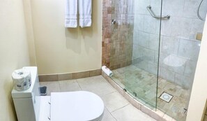 Hair dryer, towels, soap, shampoo