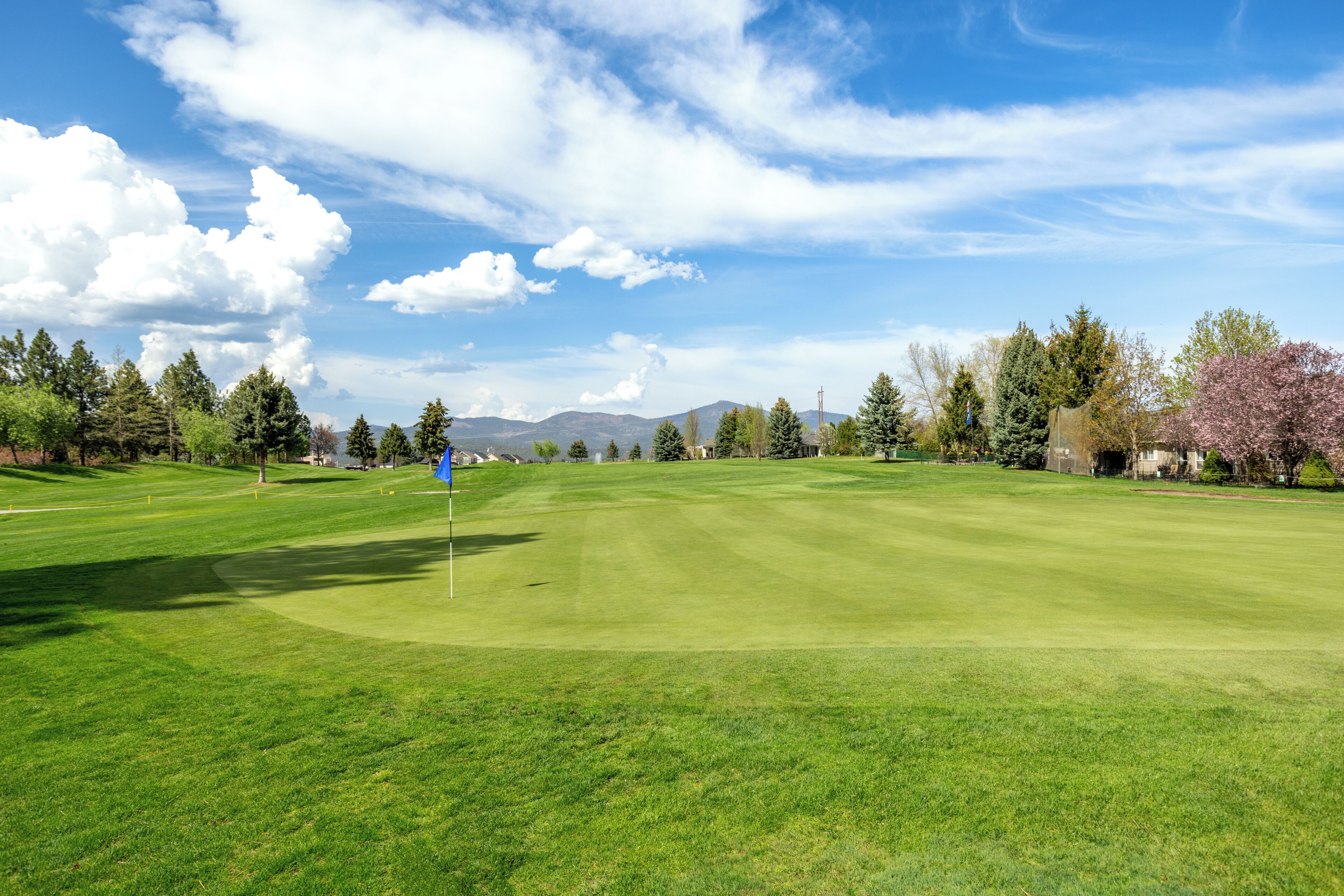 Un terrain de golf avec un ciel dégagé, de l’herbe verte et des arbres.