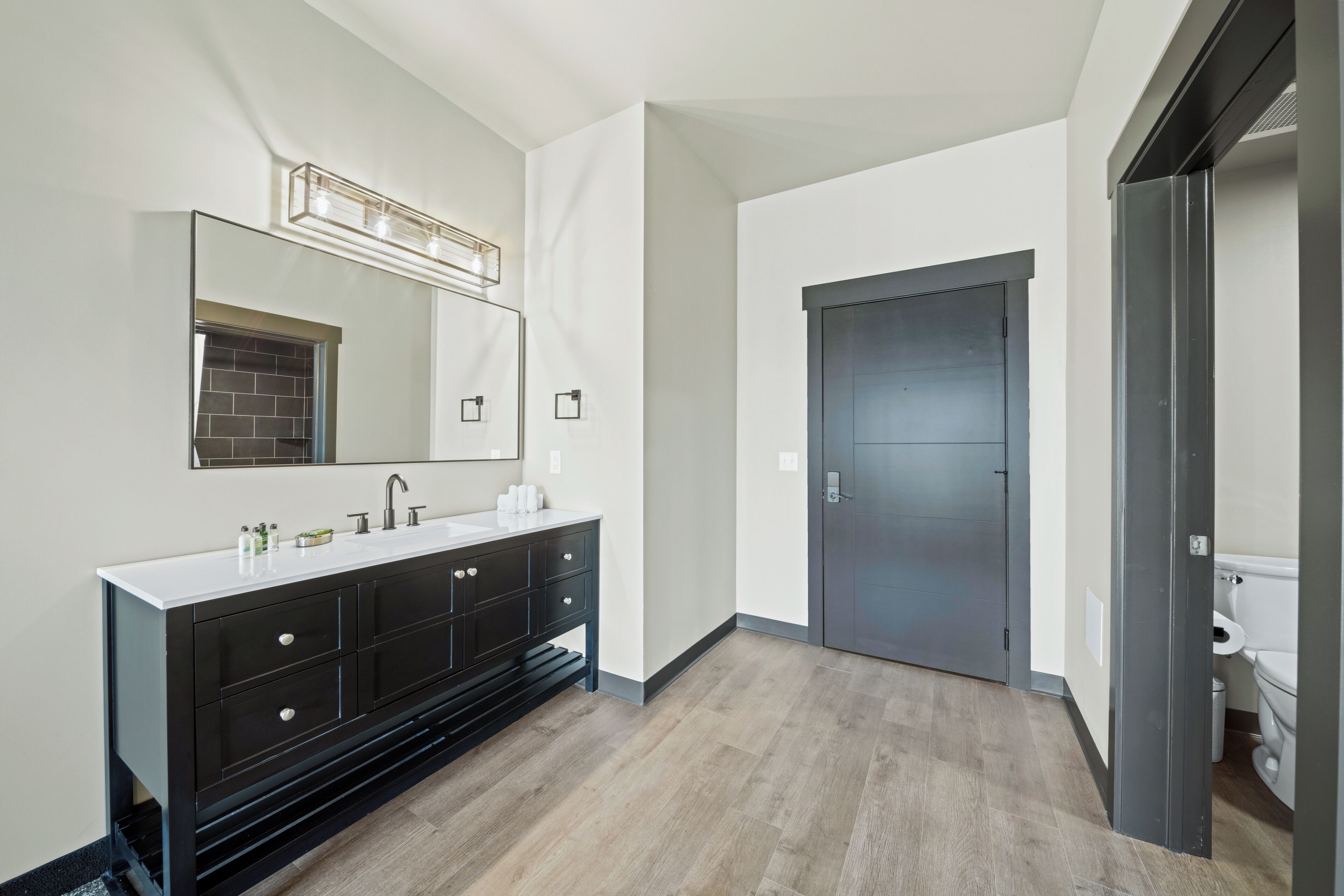 A modern bathroom with a large mirror, dark cabinetry, and a toilet visible through an open door.