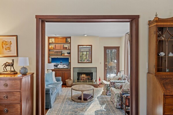 Smart TV, fireplace, books