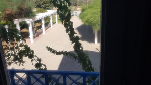 A view of a garden area with a white pergola, a paved walkway, and greenery.