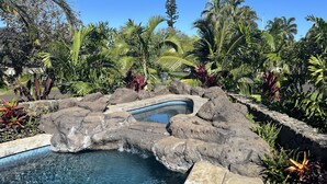 Una piscina con diseño de roca natural, rodeada de plantas tropicales y palmeras.