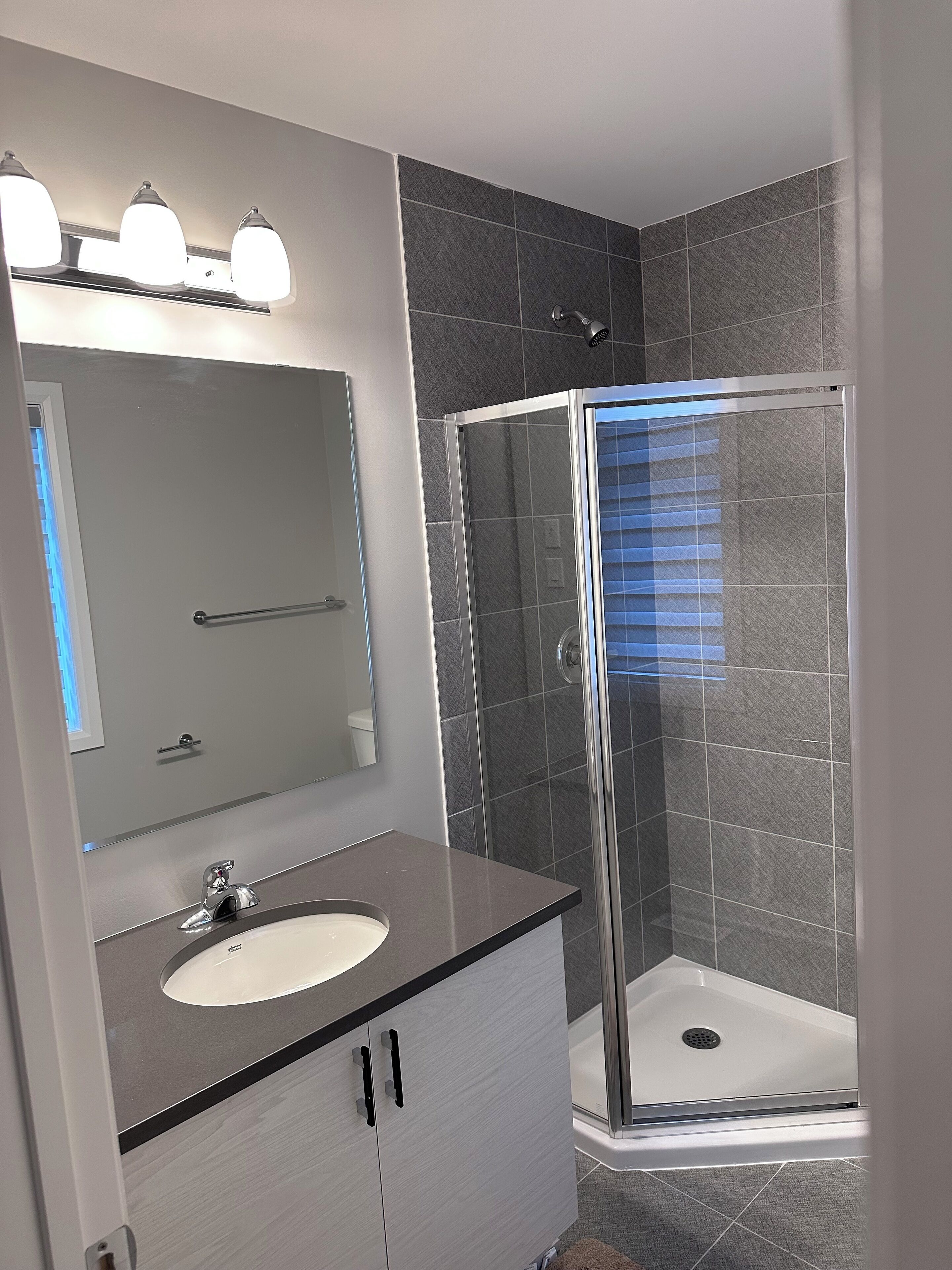 A modern bathroom with a glass shower enclosure, a vanity with a sink, and a mirror above the vanity.