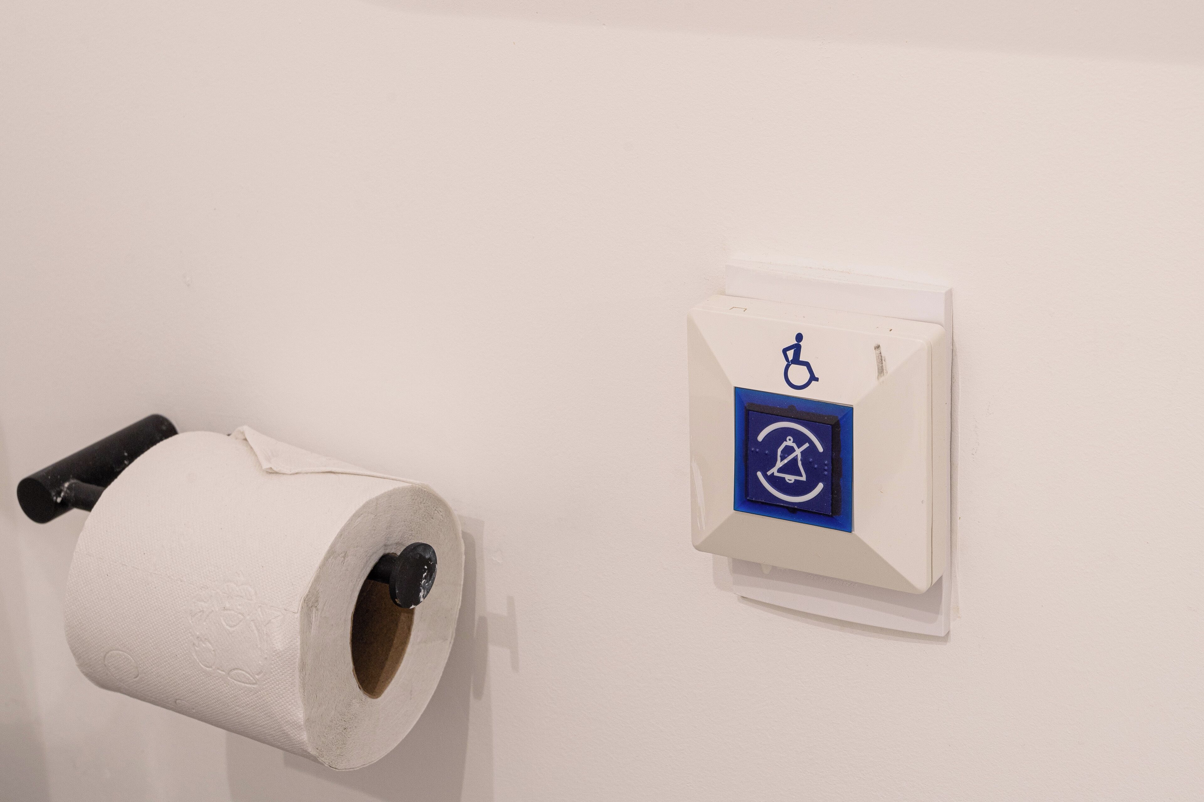 Rollo de papel higiénico y señal de acceso para personas con discapacidad en una pared.