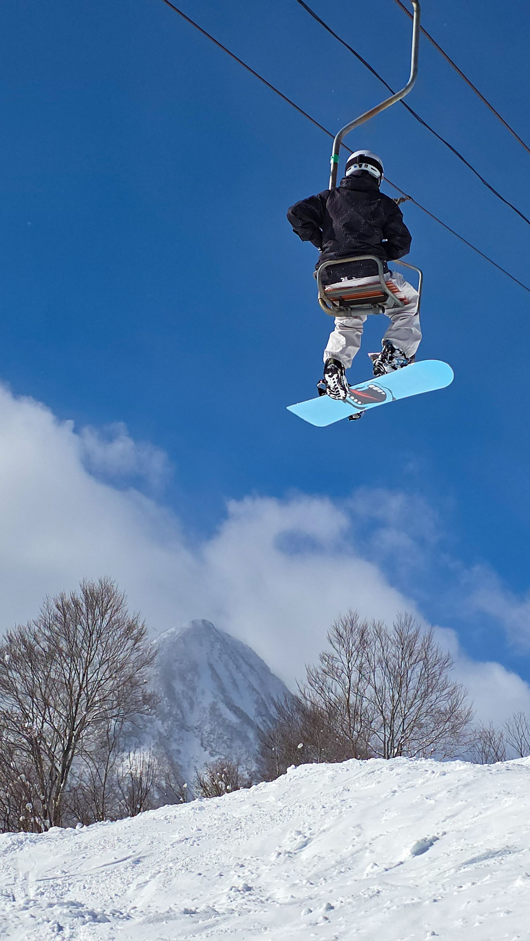 A person snowboarding mid-air above a snowy landscape with mountains in the background.
