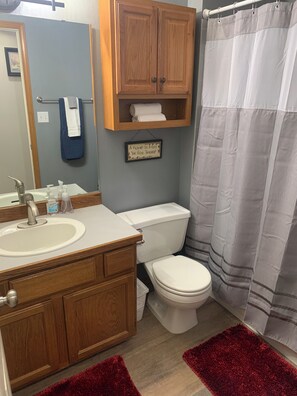 Ein Badezimmer mit einem Holzbadschränken, einem Waschbecken, einer Toilette und einer Duschvorhang.