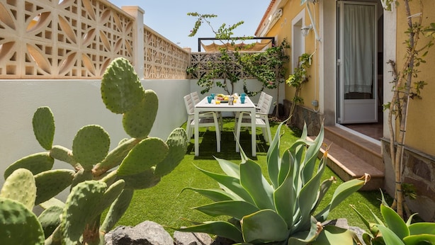 Une terrasse avec une table et des chaises, entourée de cactus et d’un petit jardin.