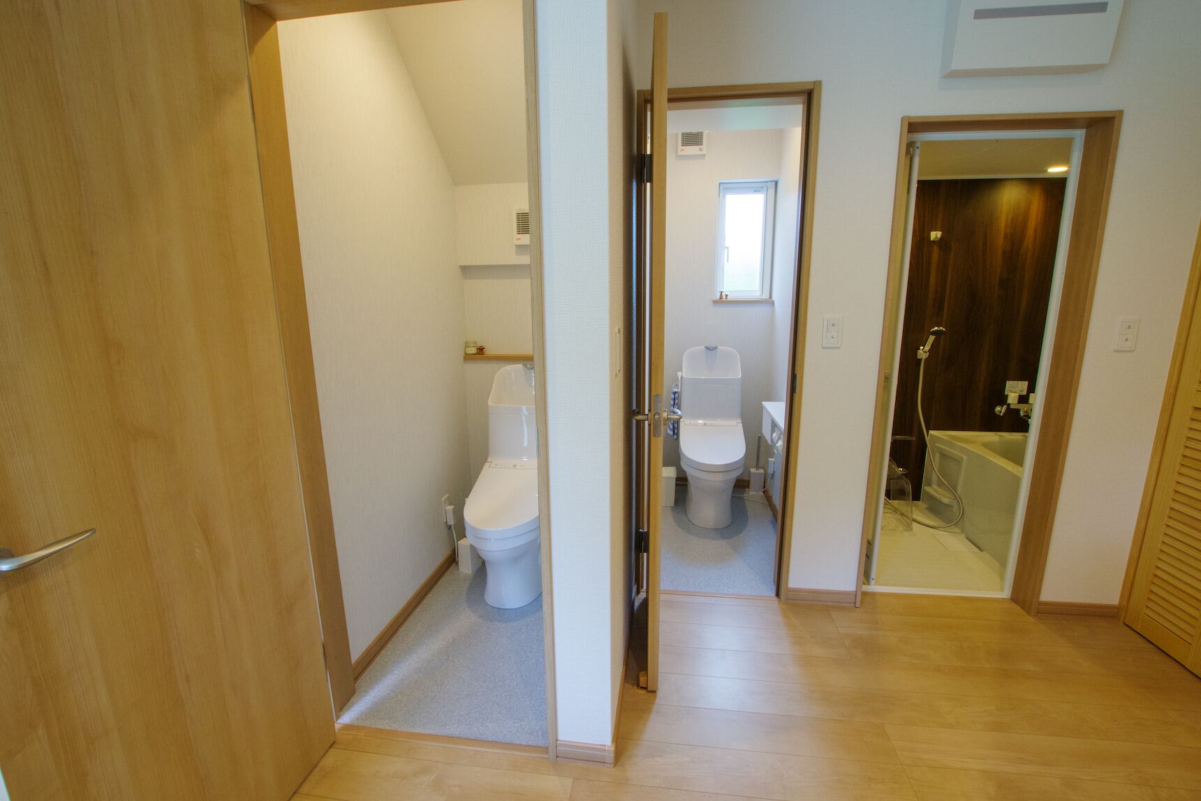 A hallway leading to a bathroom with a toilet, a shower, and a sink.