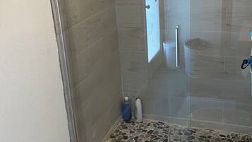 Hair dryer, towels, soap, toilet paper