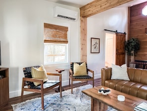 Smart TV, fireplace, books