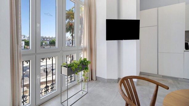 Una cocina moderna con televisor, ventanas amplias y una planta.