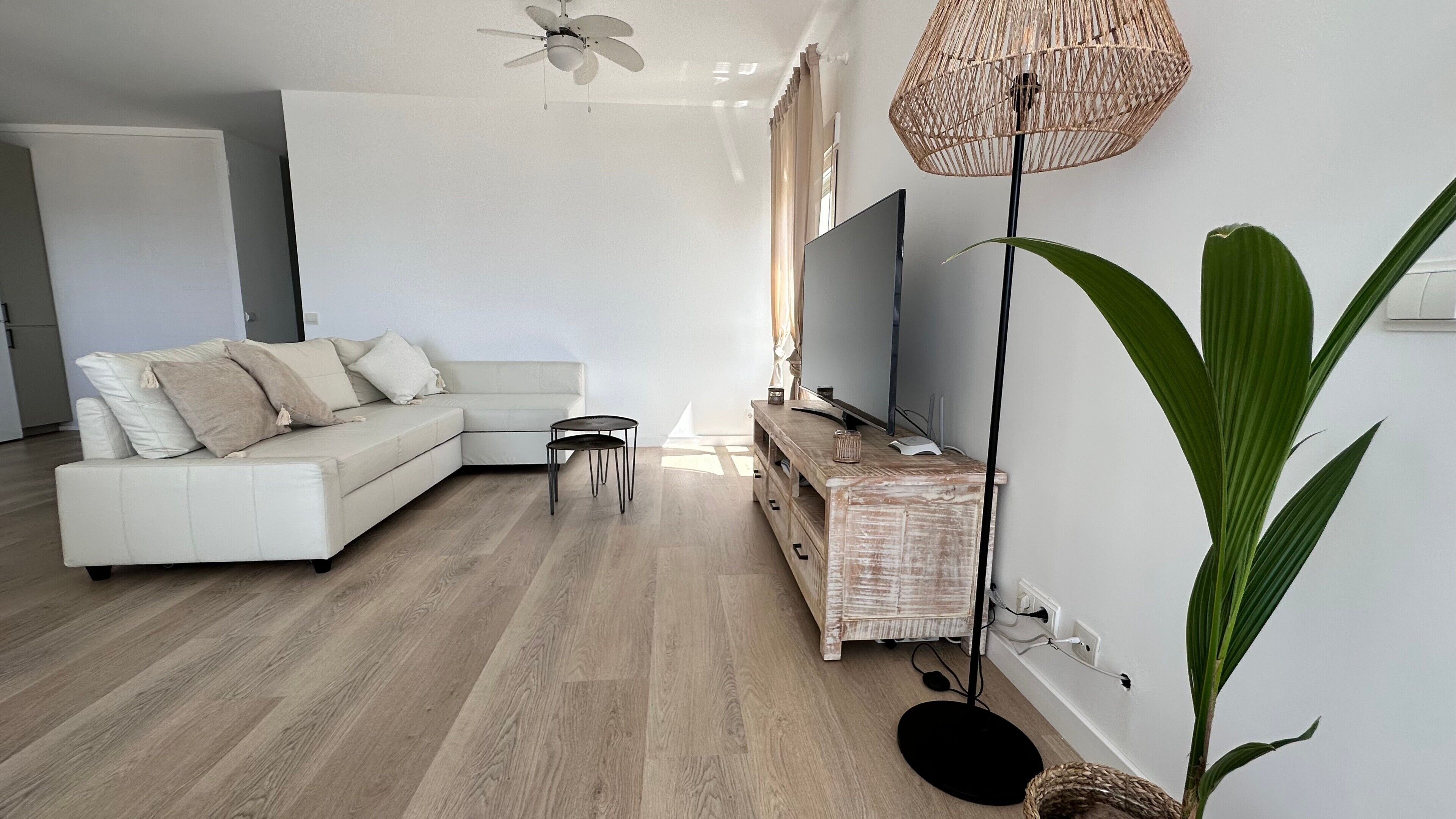 Una sala de estar moderna con un sofá blanco, una mesita, un televisor y una planta grande.