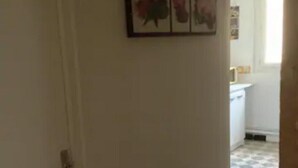 Un pasillo con una puerta, un cuadro en la pared y una vista parcial de una cocina.
