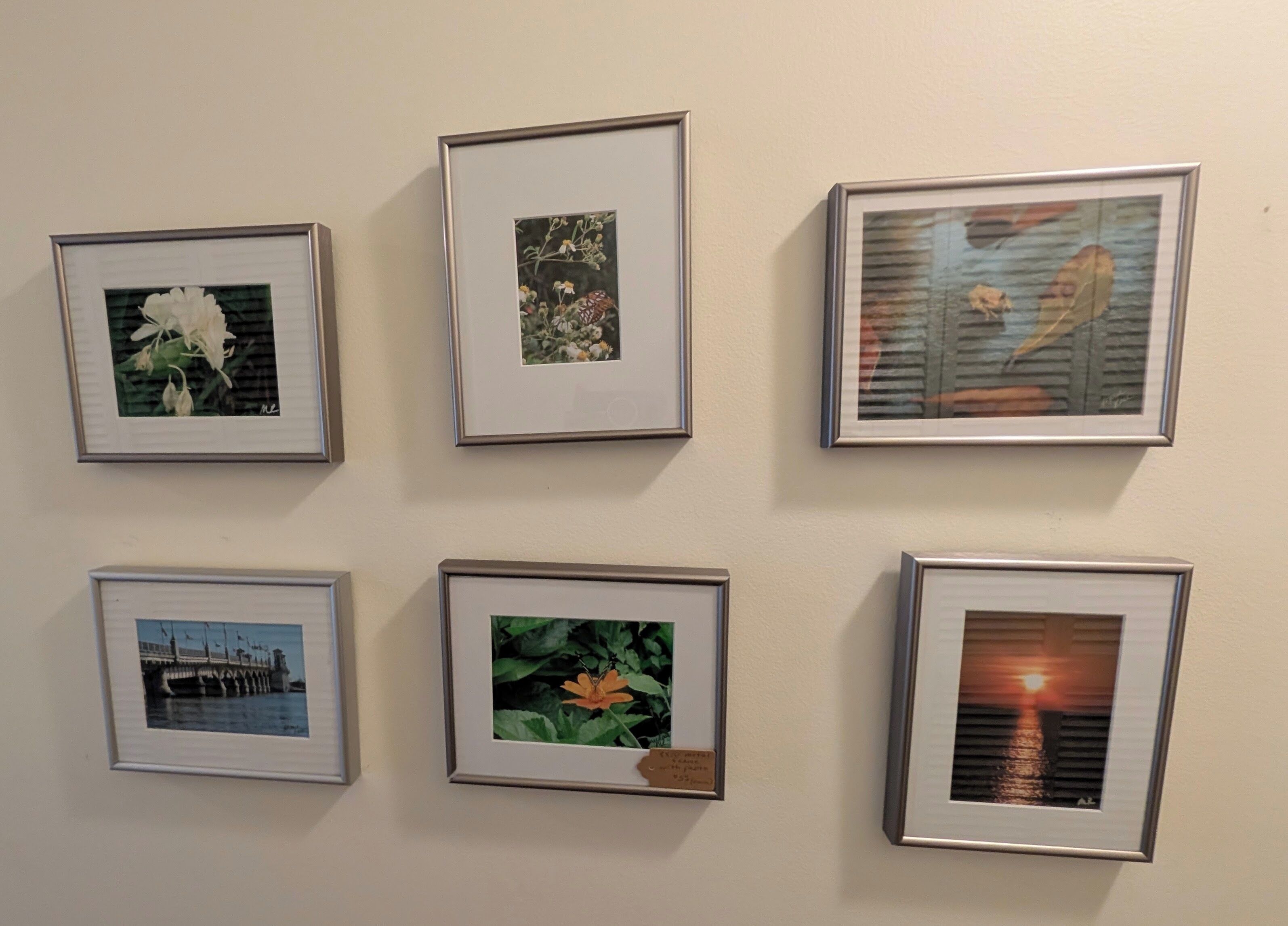 Zes ingekaderde foto's aan een muur.