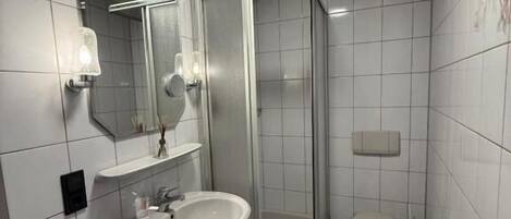 Un baño moderno con ducha envuelta en vidrio, un lavabo blanco y un inodoro.