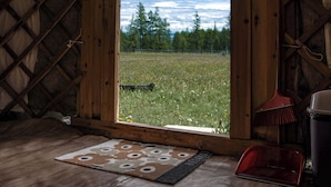 Una habitación rústica con techo de madera, un gran ventanal a un campo cubierto de hierba y una silla roja.