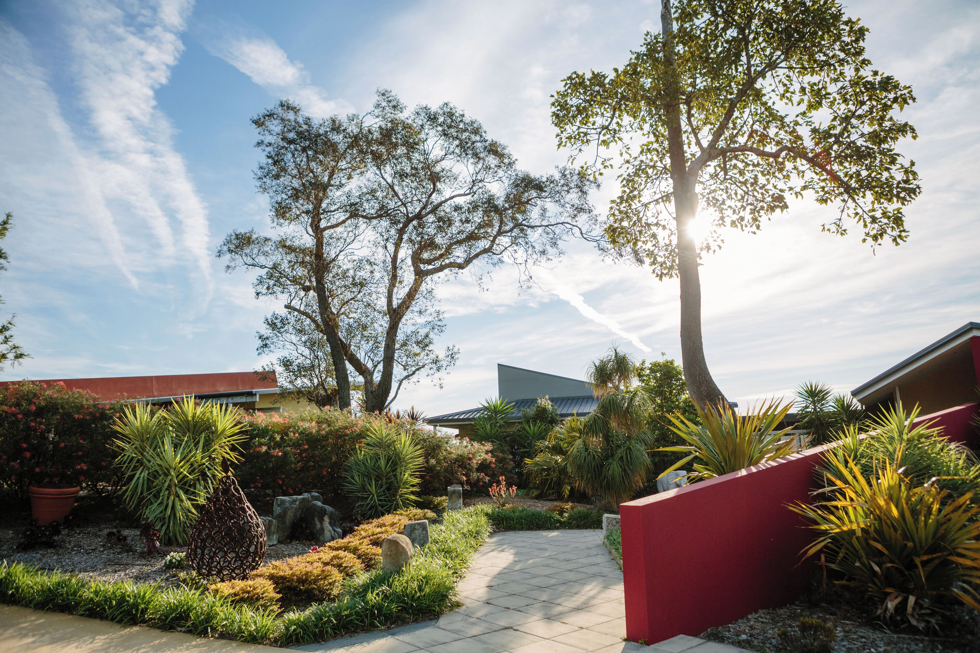 A landscaped garden with a pathway, large trees, and various plants.