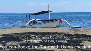 A boat on a beach with text offering a dolphin tour in the North of Bali, Lovina. - Keyani's Bungalow (Sukasada)