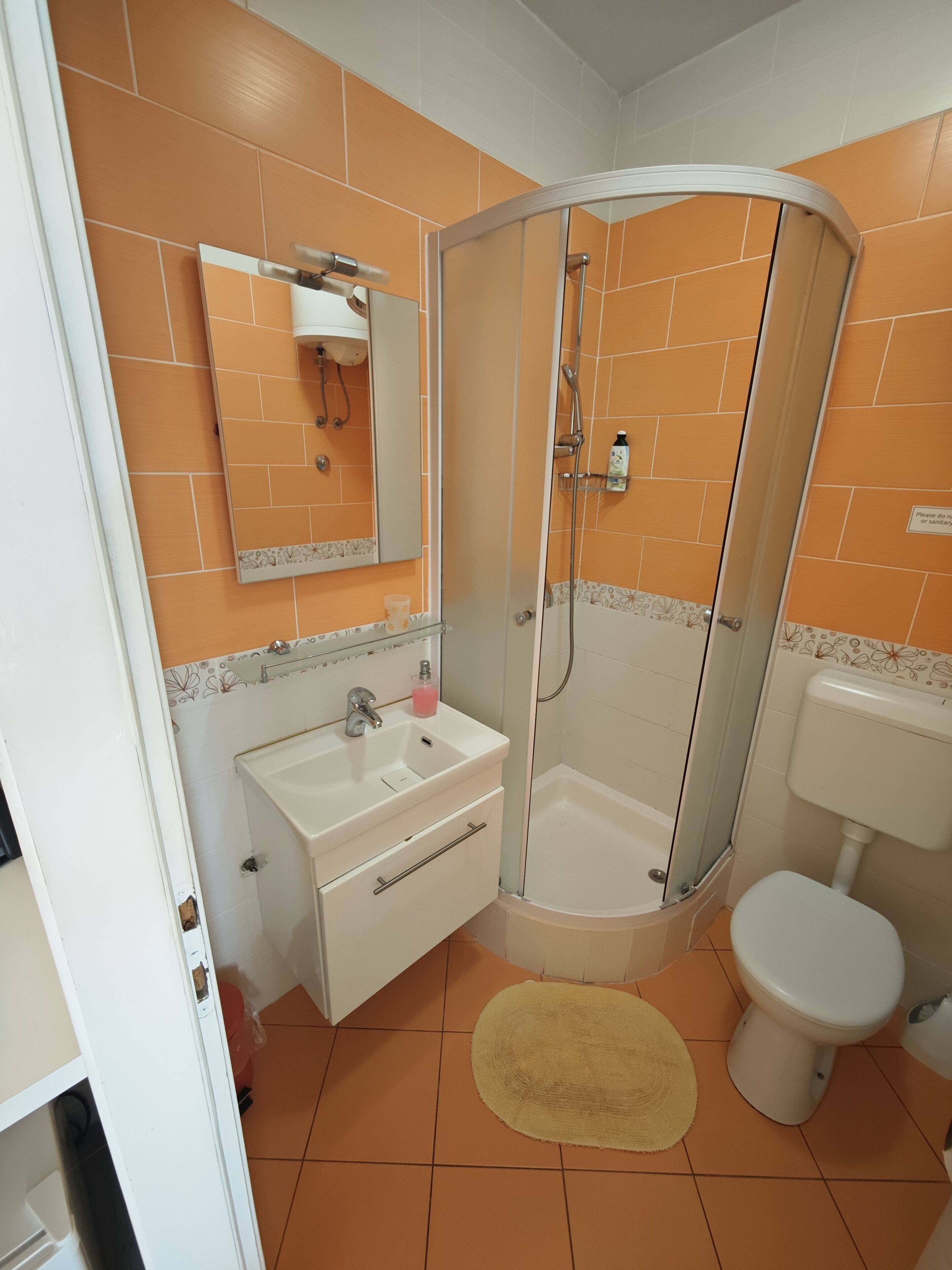 Un baño con ducha, lavabo, inodoro y espejo.